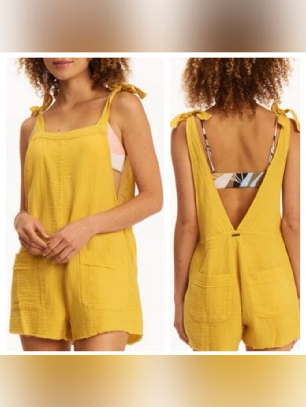 Billabong Yellow Tie-Strap Cotton Romper with Front Pockets Size M